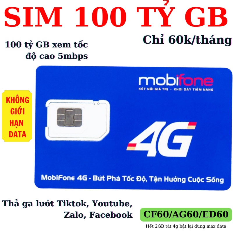 SIM 4G Mobifone Không giới hạn dung lượng Gói ED60 (60k/tháng) 1 tỷ GB