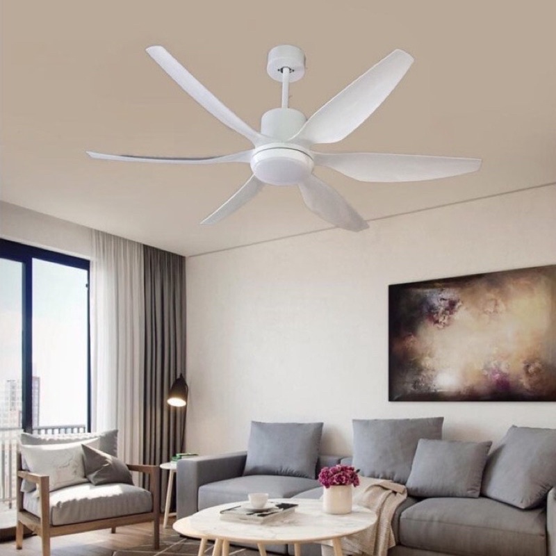 Quạt trần đèn 6 cánh trắng động cơ DC inverter có điều khiển 6 tốc độ gió,3 chế độ sáng dùng 4 mùa
