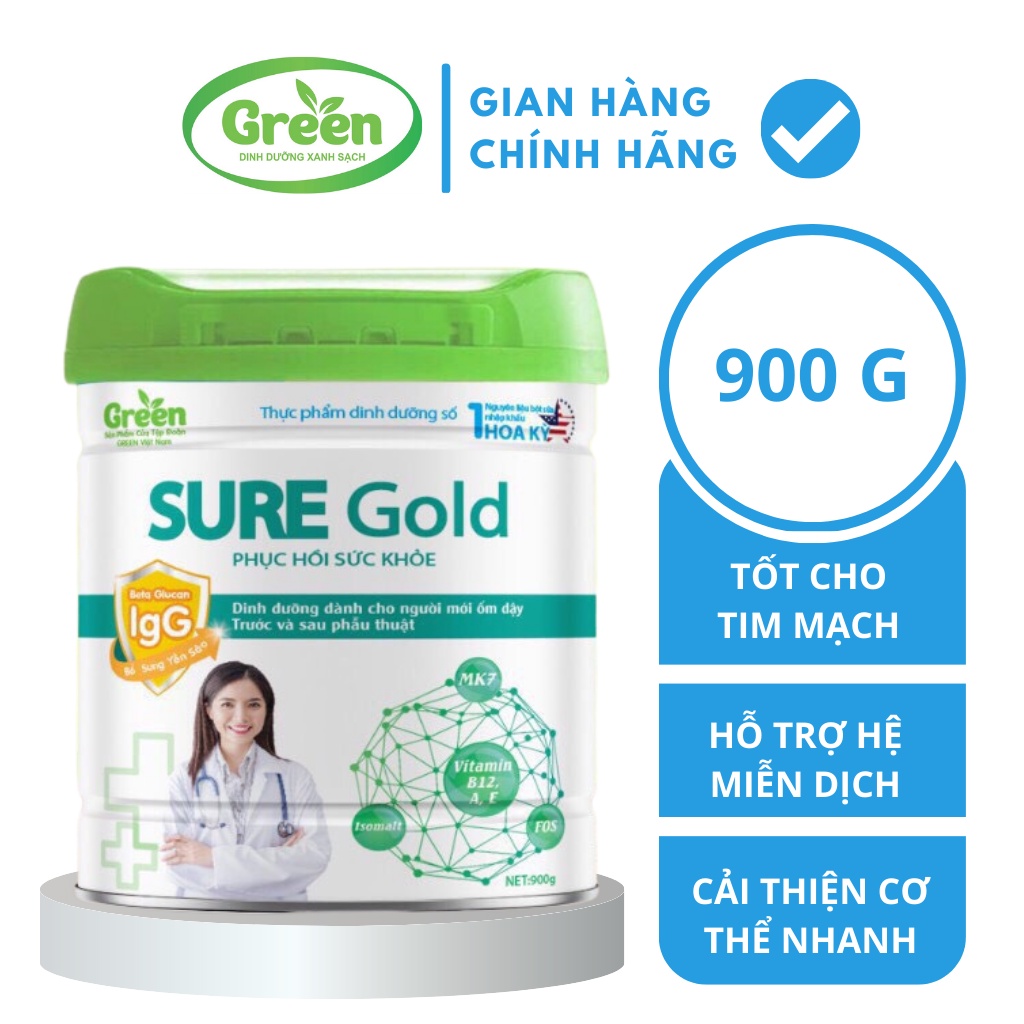 Sữa bột Green Milk Sure Gold phục hồi sức khỏe 900gr Date 2025 cho người mới ốm dậy,trước và sau phẫu thuật