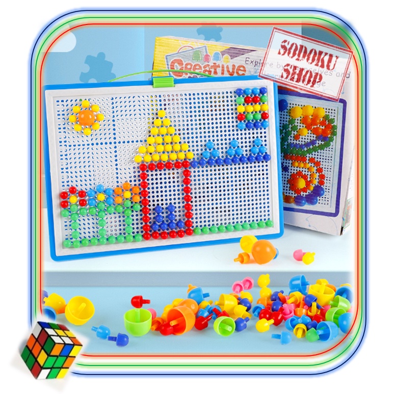 03028 Đồ Chơi Lắp Ghép Giáo Dục, Bộ Xếp Hình Nút Nấm Nhiều Màu Sắc, Bảng Gắn Hạt Size 28cm