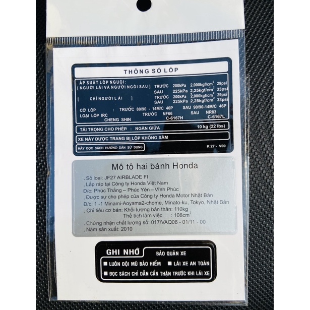 Bộ Tem Thông Số + Tem Năm Sản Xuất Honda AB 125 / FUTURE / LEAD125 / SH MODE / PCX / VISION2014 / SHVN 2012 2017/ Winner