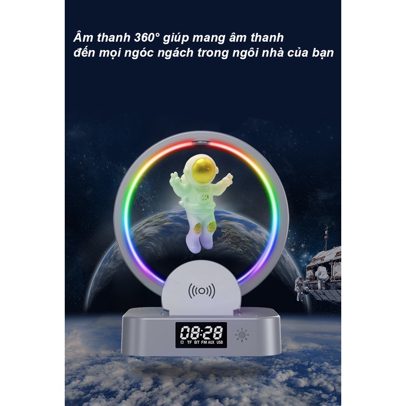 Loa bluetooth Phi hành gia đa năng kiêm Sạc không dây, Đồng hồ, Đèn led nháy theo nhạc dercor phòng
