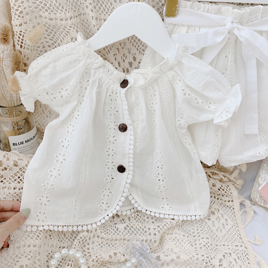 Set bé gái POPPY KIDS vải ren chất thô mềm họa tiết hoa mùa hè cân nặng  BG006