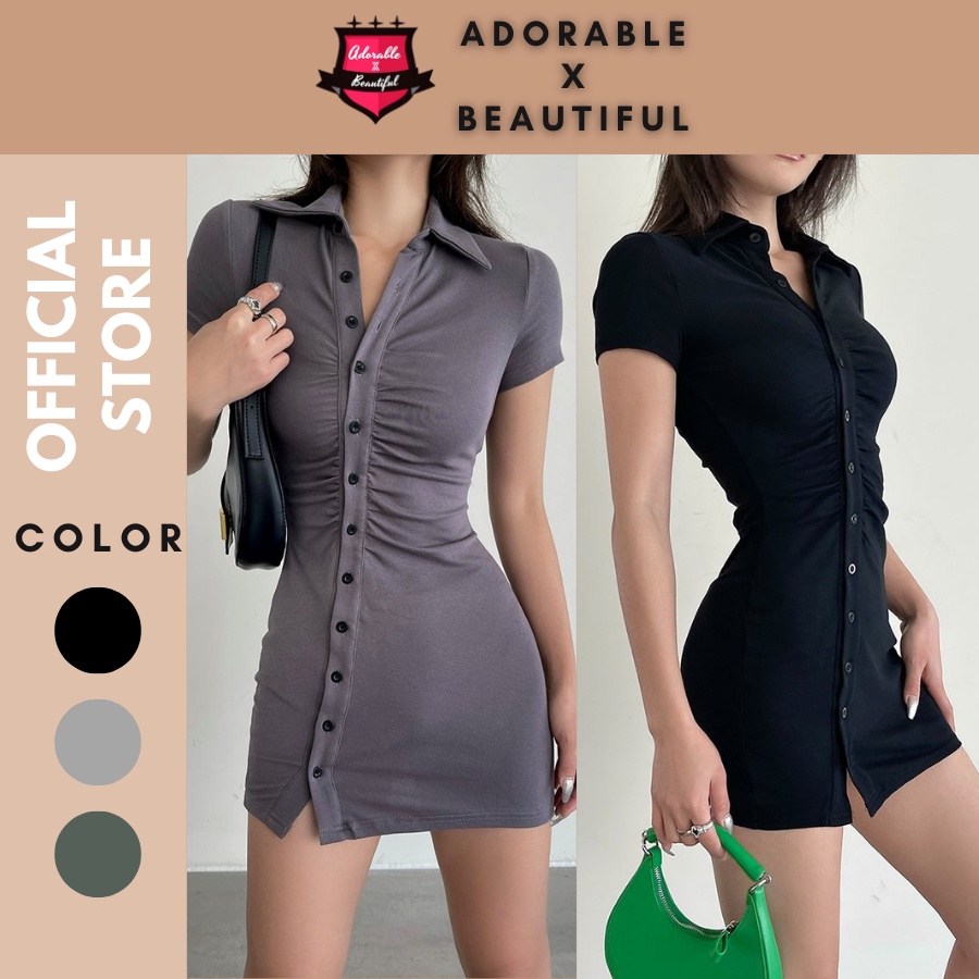Đầm Body Thun Nút Tay Ngắn Ôm 3 Màu, Đầm Polo Nữ Trendy Co Giãn Mềm Mại [AdorablexBeautiful]
