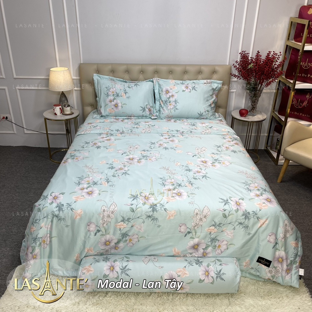 Bộ chăn ga gối pháp Lasante Modal Tencel chần chun kích thước 200*220 cm ốp đệm 17 cm