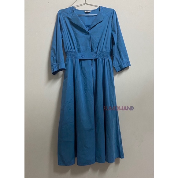 Đầm xô dáng dài/midi màu xanh biển cổ vest vintage (thanh lý)