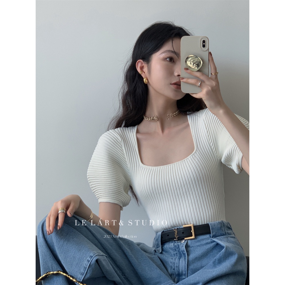 Áo Dệt Kim Cổ Vuông Màu Trơn Dáng Ôm Phong Cách Pháp Thời Trang Cho Nữ 2