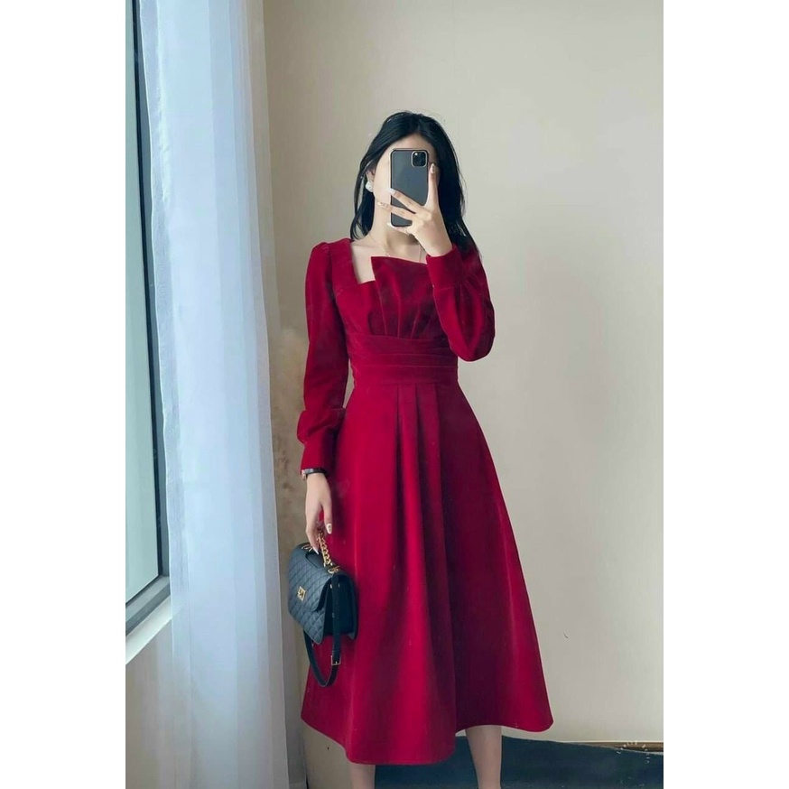 ĐẦM ĐI TIỆC TAY PHỒNG DÀI ÔM EO DÁNG XÒE QUA GỐI THANH LỊCH, CHẤT VẢI UMI MỀM MỊN