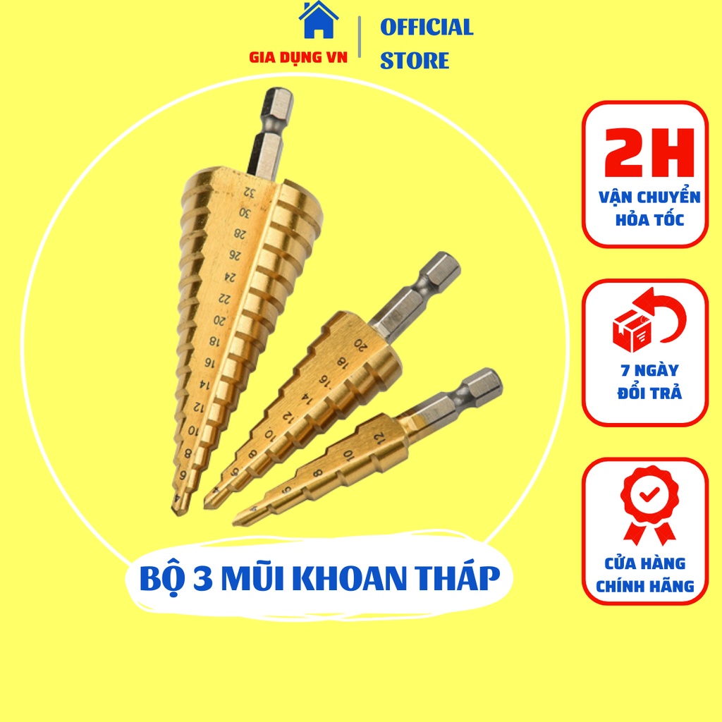 Bộ 3 Mũi Khoan Tháp Đa Năng, Chất liệu Titan Cao Cấp Từ 4-32mm