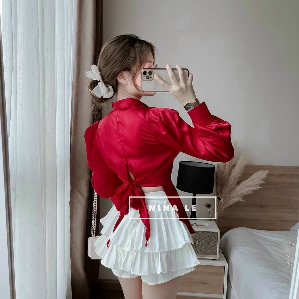 ÁO SƠ MI SATIN SIÊU HOT, ÁO SƠ MI LỤA TAY PHỒNG, ÁO KIỂU SƠ MI XẺ TÀ CỘT NƠ SAU SANG CHẢNH