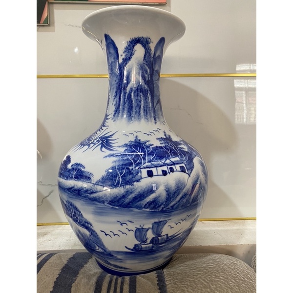 Bình hút lộc chiêu Tài Lọ hoa dáng củ tỏi sứ Bát Tràng men lam cổ vẽ tích xưa cao 46 48 51 cm