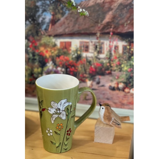 Cốc uống nước mug màu xanh hoa loa kèn vintage