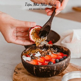 Combo Chén Gáo Dừa kèm thìa gỗ mun cao cấp, Bát Gáo Dừa Hàng Đẹp Dùng để ăn granola, salad, trộn mặt nạ