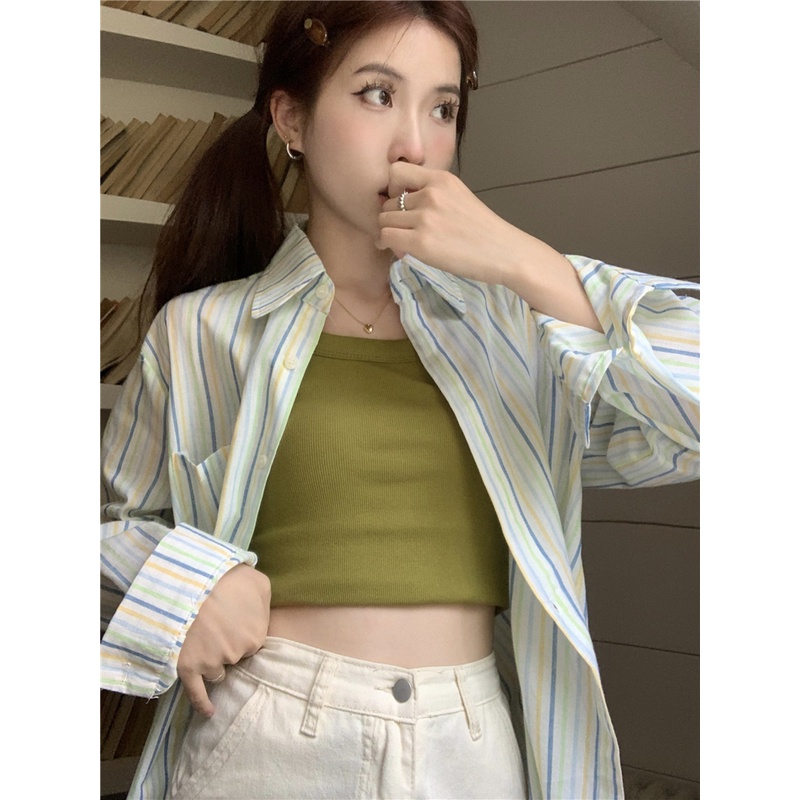 Lalisas Set Áo Hai Dây + Áo Sơ Mi Tay Dài Kẻ Sọc Chống Nắng Phong Cách Hàn Quốc Thời Trang Cho Nữ