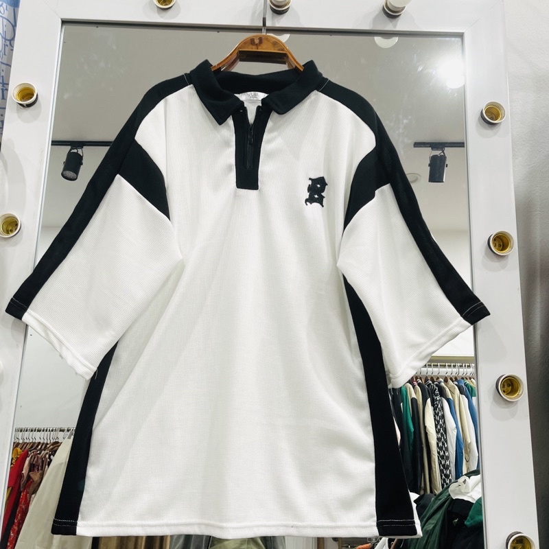 Áo Polo Cổ Khóa Pha Đen Trắng Thêu Sao Unisex Dáng Rộng | BigBuy360 - bigbuy360.vn