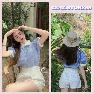 Áo sơ mi nữ kẻ xanh Genz Store tay cộc cổ bẻ nữ tính