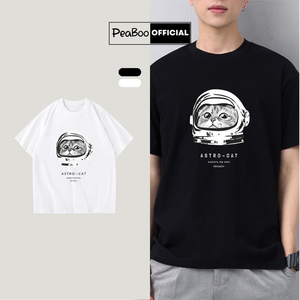 Áo Thun Unisex PEABOO mã TN ASTRO CAT Chất Cotton Form Rộng Tay Lỡ Cho Nam Nữ