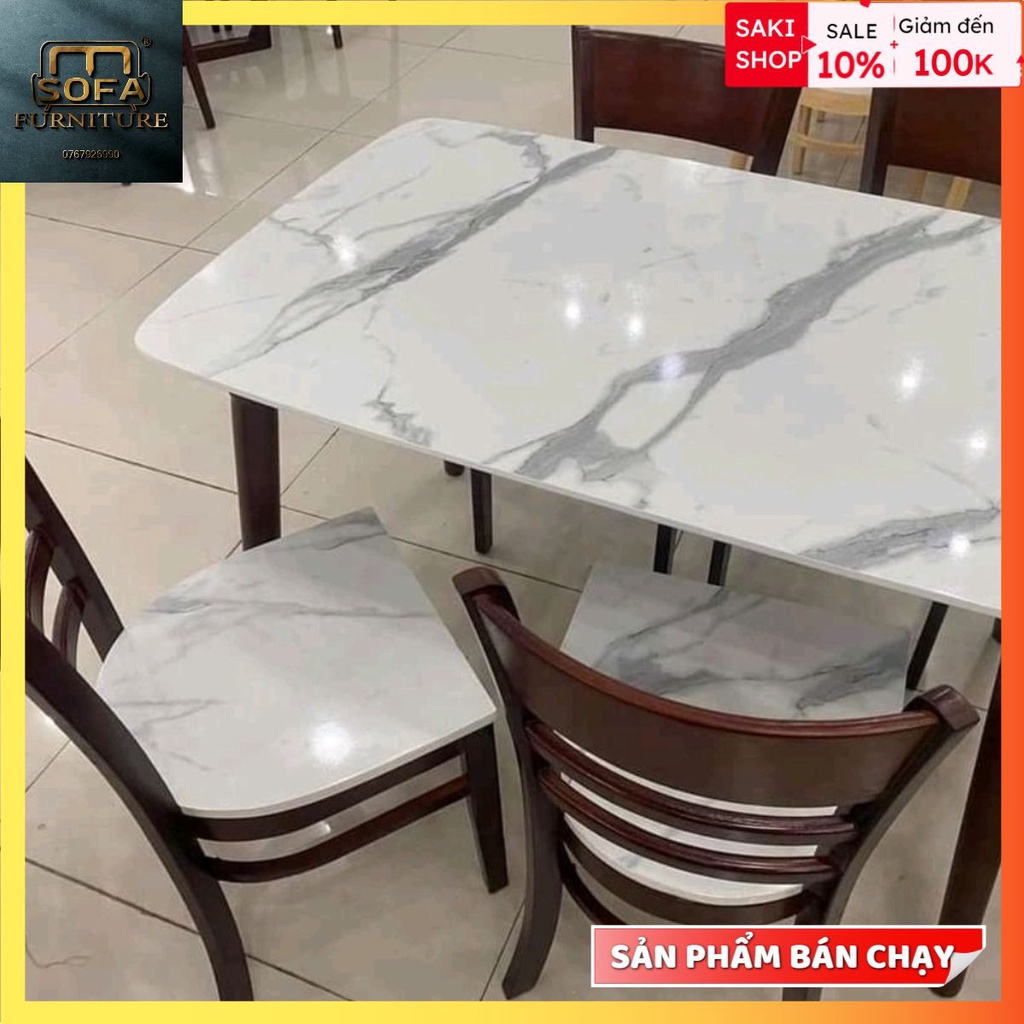 Bàn ăn cơm 4 ghế gỗ, bàn ăn giả đá màu nâu óc chó - bảo hành lỗi 1 đổi 1
