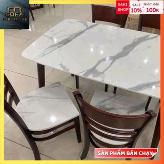 Bàn ăn cơm 4 ghế gỗ, bàn ăn giả đá màu nâu óc chó - bảo hành lỗi 1 đổi 1