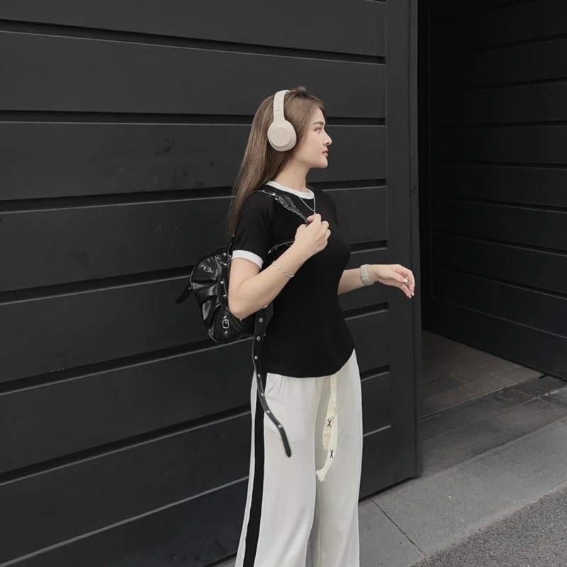 Set Bộ Áo Croptop Viền Cổ Tròn + Quần Ống Xuông DÂY THỪNG Lai Viền CÓ TÁCH LẺ MÓN