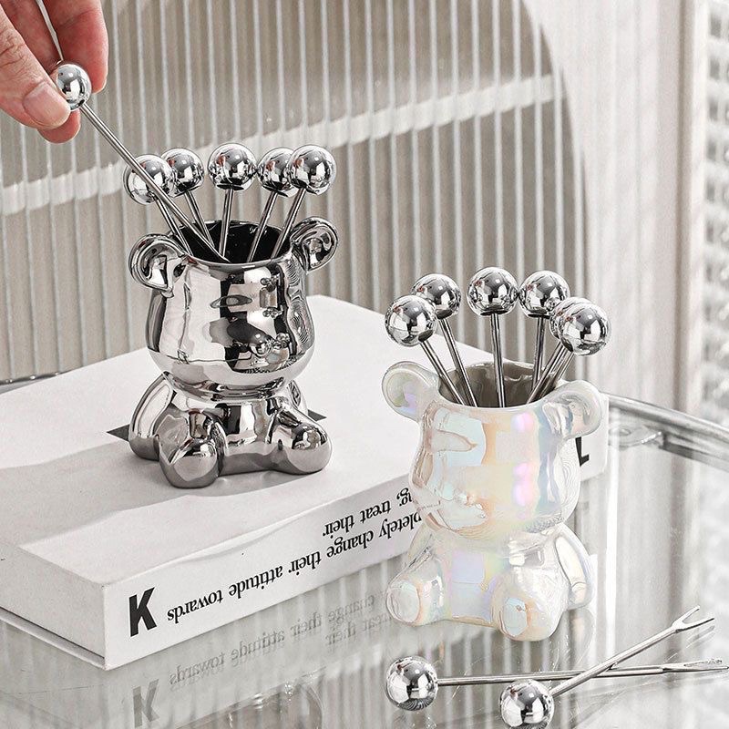 Dĩa ăn hoa quả nĩa trái cây inox không gỉ kèm ống đựng hình Gấu gốm sứ cao cấp
