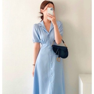 Đầm sơ mi basic tay bo cột eo màu trắng mint xanh biển