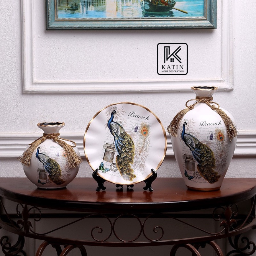 Bộ 3 bình gốm trang trí, đồ trang trí phòng khách tượng decor tủ rượu kệ tivi - KATIN