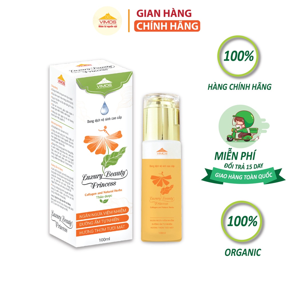 Dung dịch vệ sinh phụ nữ Luxury Beauty Princess VIMOS Dưỡng Ẩm, Ngăn Mùi, Ngừa Khuẩn, cân bằng pH chai 100ml