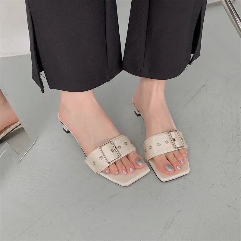 Giày Gót Thấp Hở Ngón Phối Khóa Vuông Thời Trang Cho Nữ