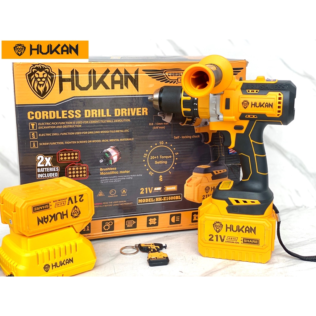 Máy khoan pin 21v Hukan Z1600 động cơ không chổi than kèm 1 pin 15 cell, 1 pin 10 cell vỏ chống cháy tặng túi đưng