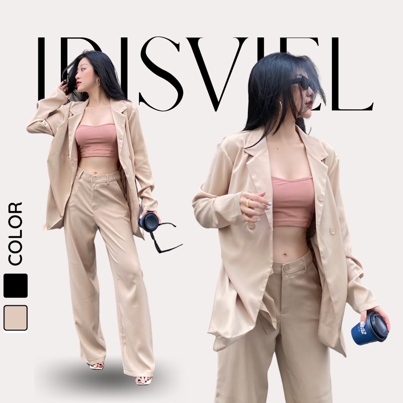 Áo Khoác Blazer Tay Dài Form Suông Rộng 1 Lớp Màu Đen Kết Hợp Rút Dây Sườn Cá Tính IRISVIEL