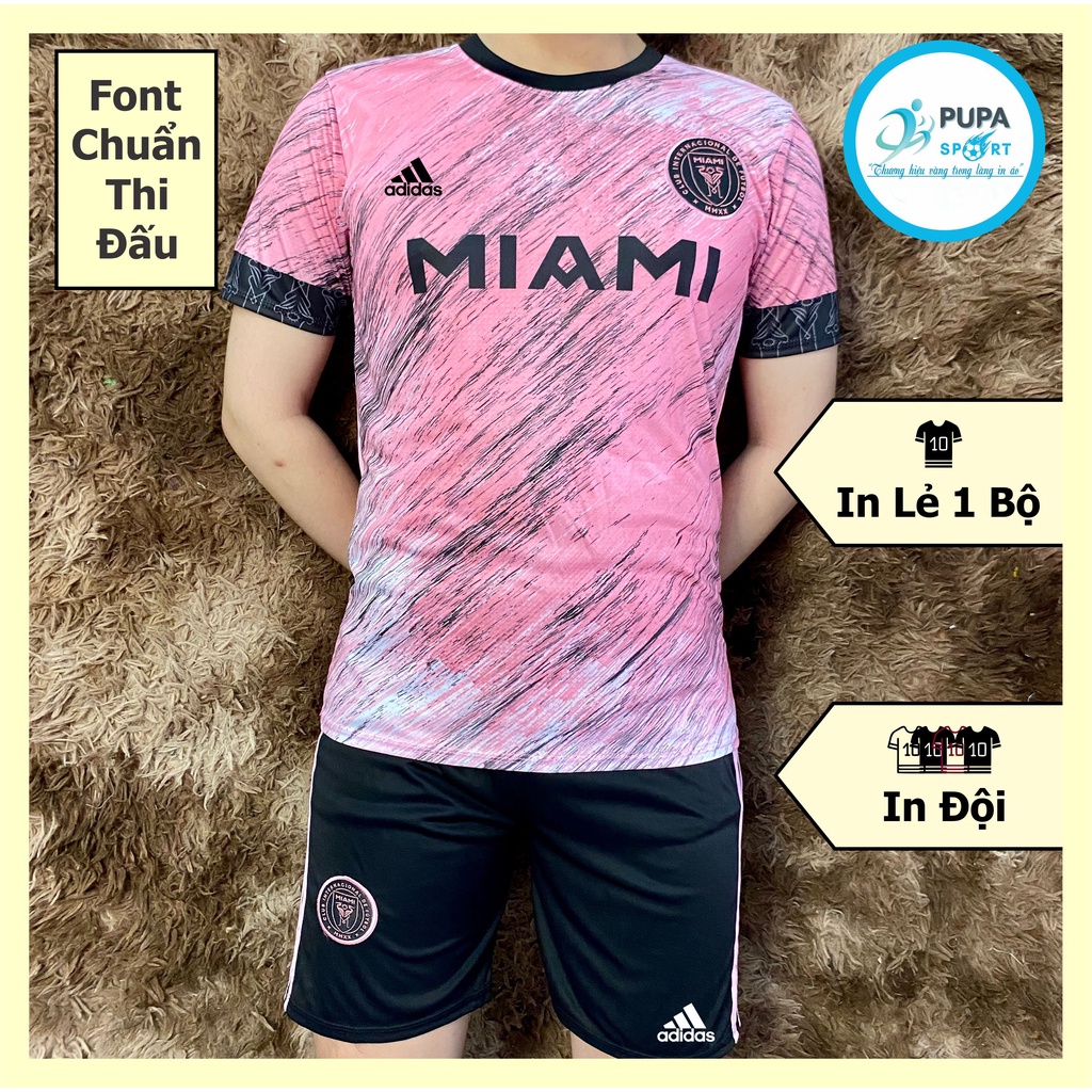 Áo bóng đá MIAMI vải thun lạnh - Hồng sọc đen in tên số theo yêu cầu, full logo chuẩn thi đấu.