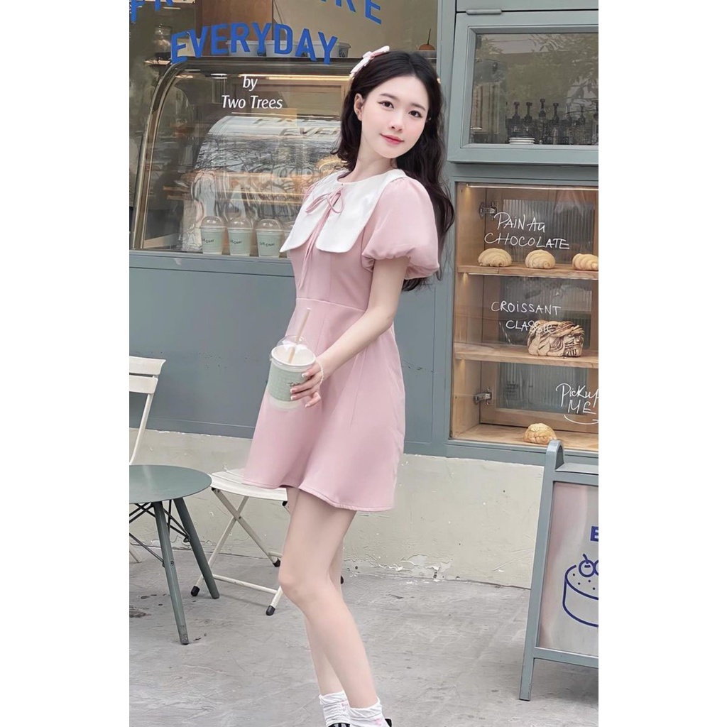 Váy thủy thủ bánh bèo phối cổ nhún tiểu thư dễ thương, Đầm babydoll dự tiệc ulzzang hàn quốc màu hồng | BigBuy360 - bigbuy360.vn