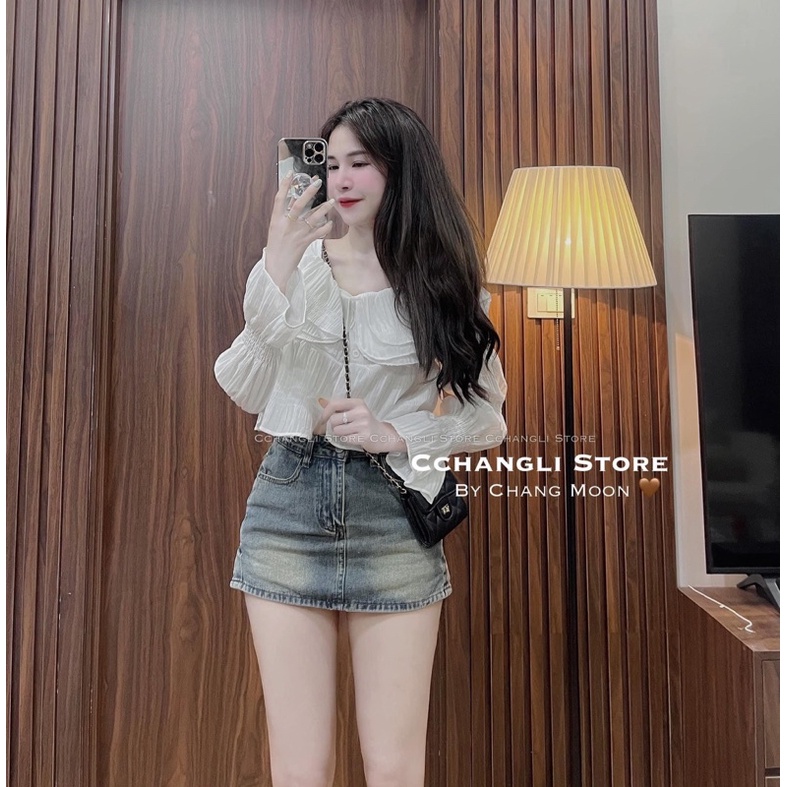 Áo voan tơ nhăn cổ vuông nhún bèo 3 tầng