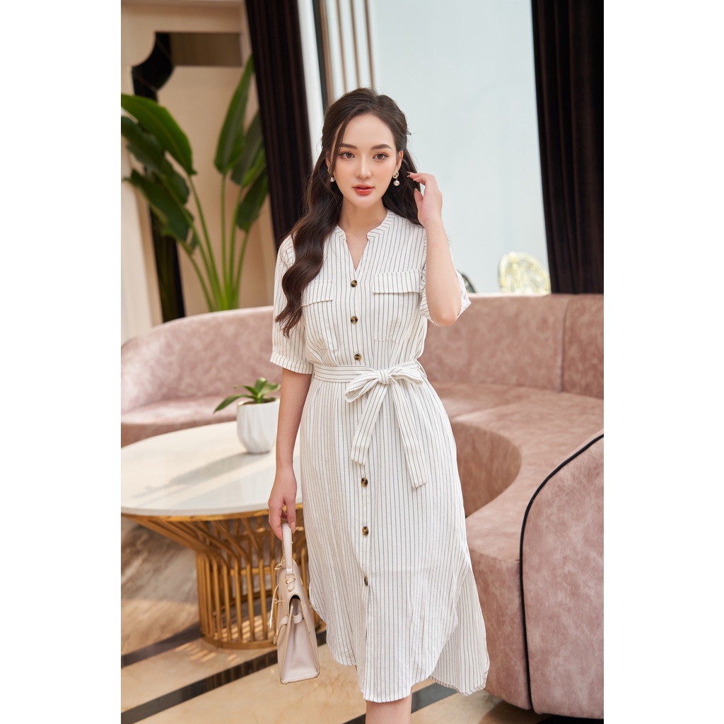 Đầm sơ mi linen kẻ Lalastyle