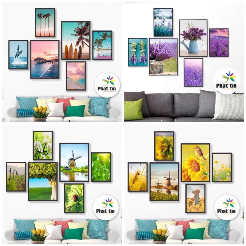Tranh treo tường bộ 6 bức trang trí phòng khách, decor nhà cửa, tranh dán tường, canvas, có sẵn keo dán.