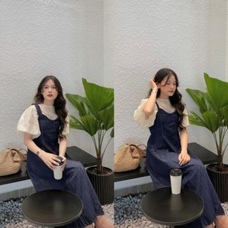 [XẢ LỖ]  Váy jeans 2 dây lưng chun dáng xoè /VÁY YẾM BÒ XANH ĐẬM CHỈ NỔI CÓ CHUN LƯNG