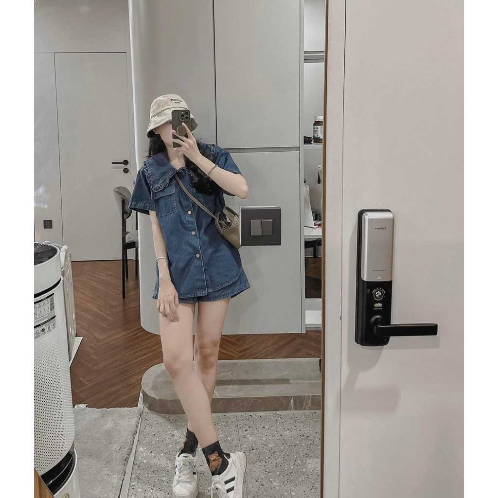 Set denim quần sooc áo cổ bèo Bộ bò Mix quần sooc Áo sơ mi Xịn Mịn 2023