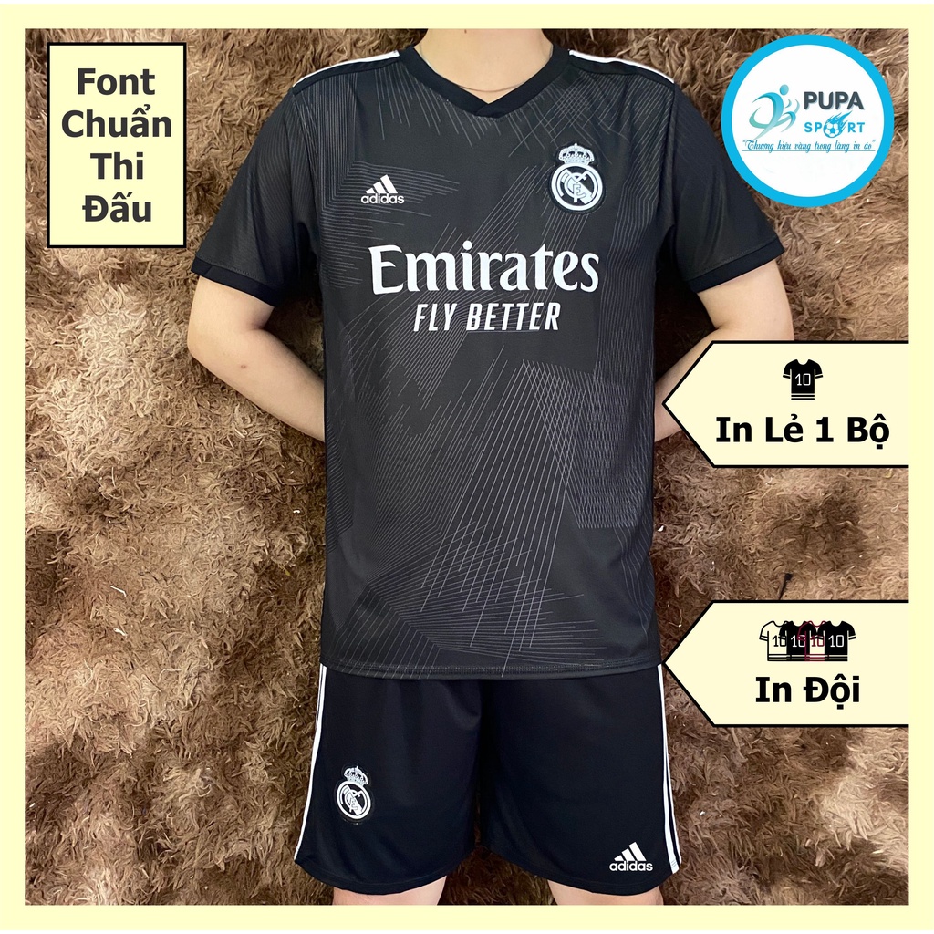 Áo bóng đá Real Madrid vải thun co giãn - ĐEN, in tên số theo yêu cầu, full logo chuẩn thi đấu.