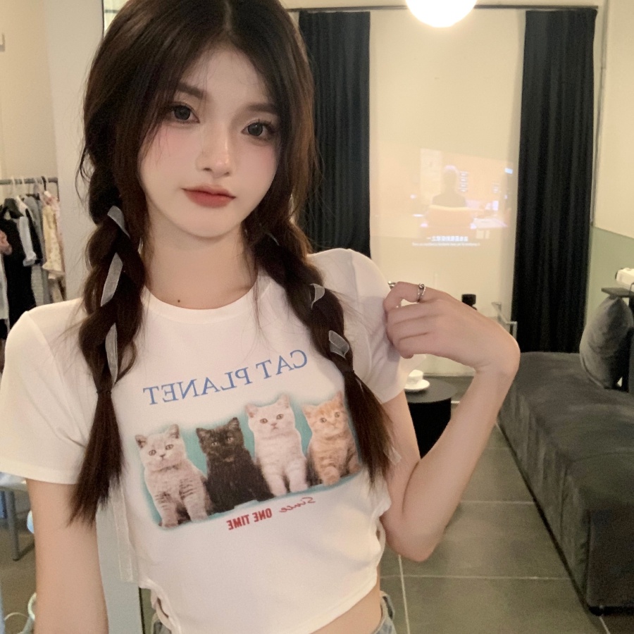 Áo croptop thun nữ tay ngắn hoạ tiết chú mèo màu trắng mỏng mùa hè áo croptop ôm eo hình mèo