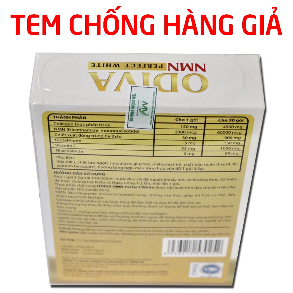 Cốm collagen ODIVA NMN perfect white giúp trắng sáng da, duy trì độ ẩm, tăng độ đàn hổi, giảm nám sạm da - Hộp 30 gói