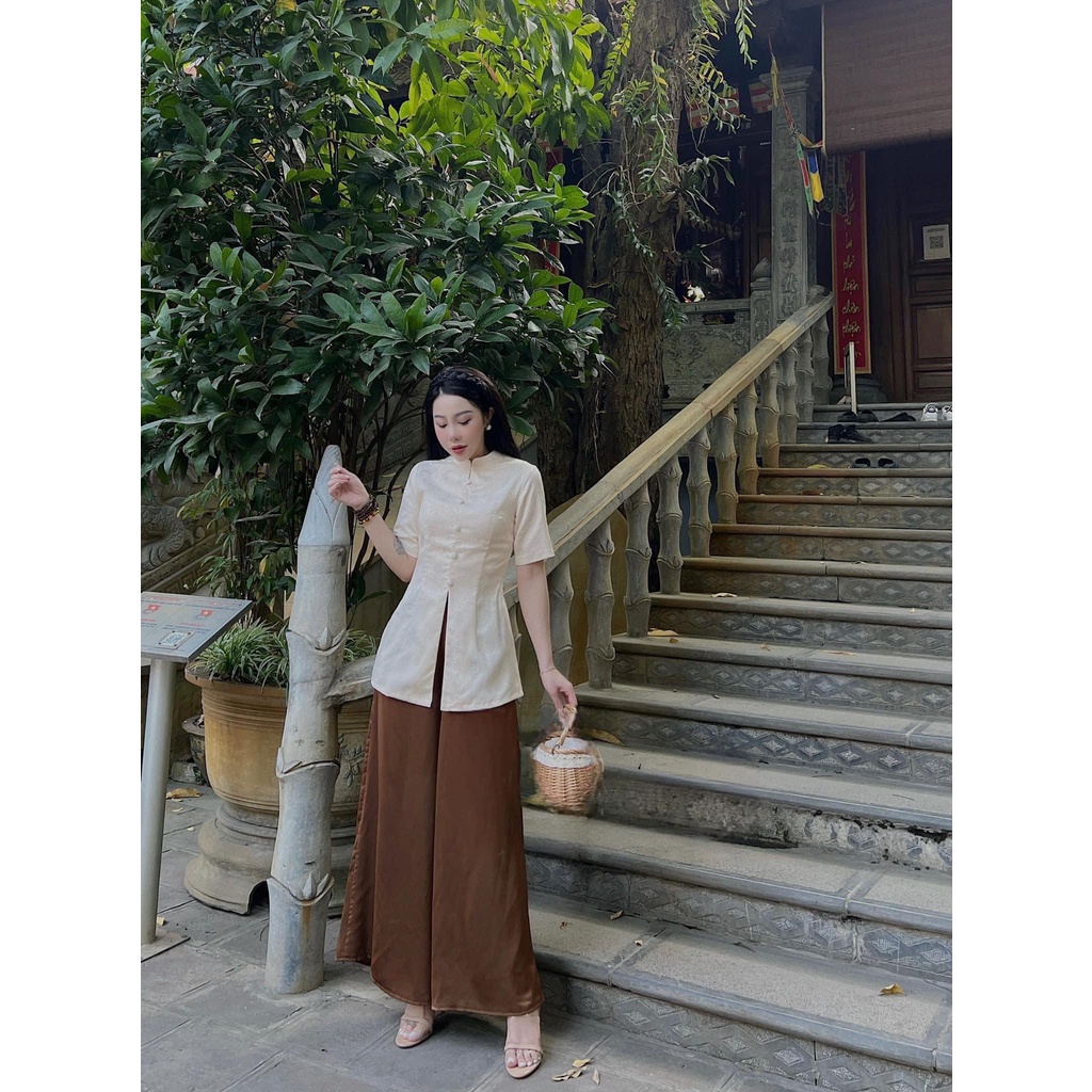 Bộ Đồ Lam Đi Chùa Cổ Tàu Tay Cộc Xẻ Tà, Bộ Phật Tử Pháp Phục Đi Chùa Tay Cộc Chất Lụa Gấm Cao Cấp Màu Nâu