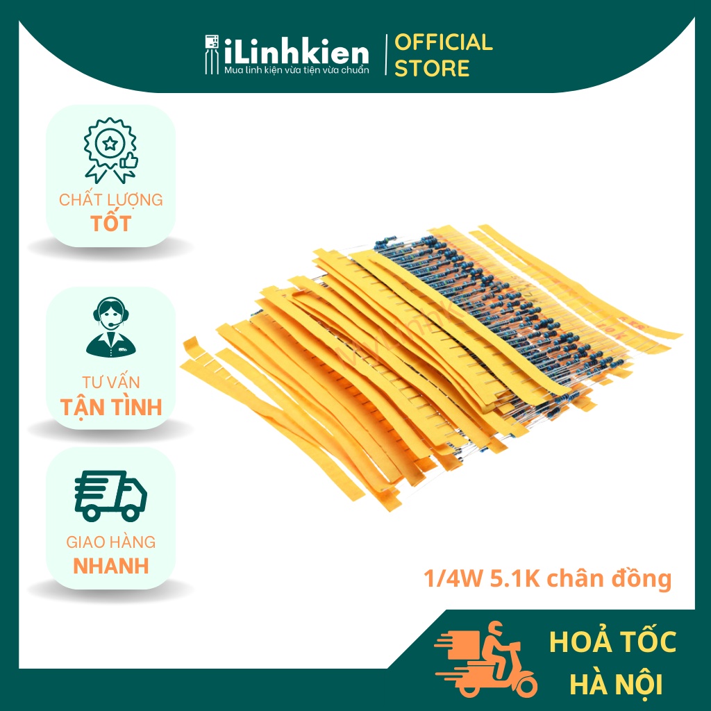 Điện trở vạch 5.1K 1/4W chân đồng 1% túi 50 con chất lượng cao