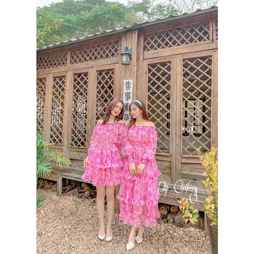 THANH LÝ  - Váy bẹt vai hoa hồng ngắn/dài kèm đai