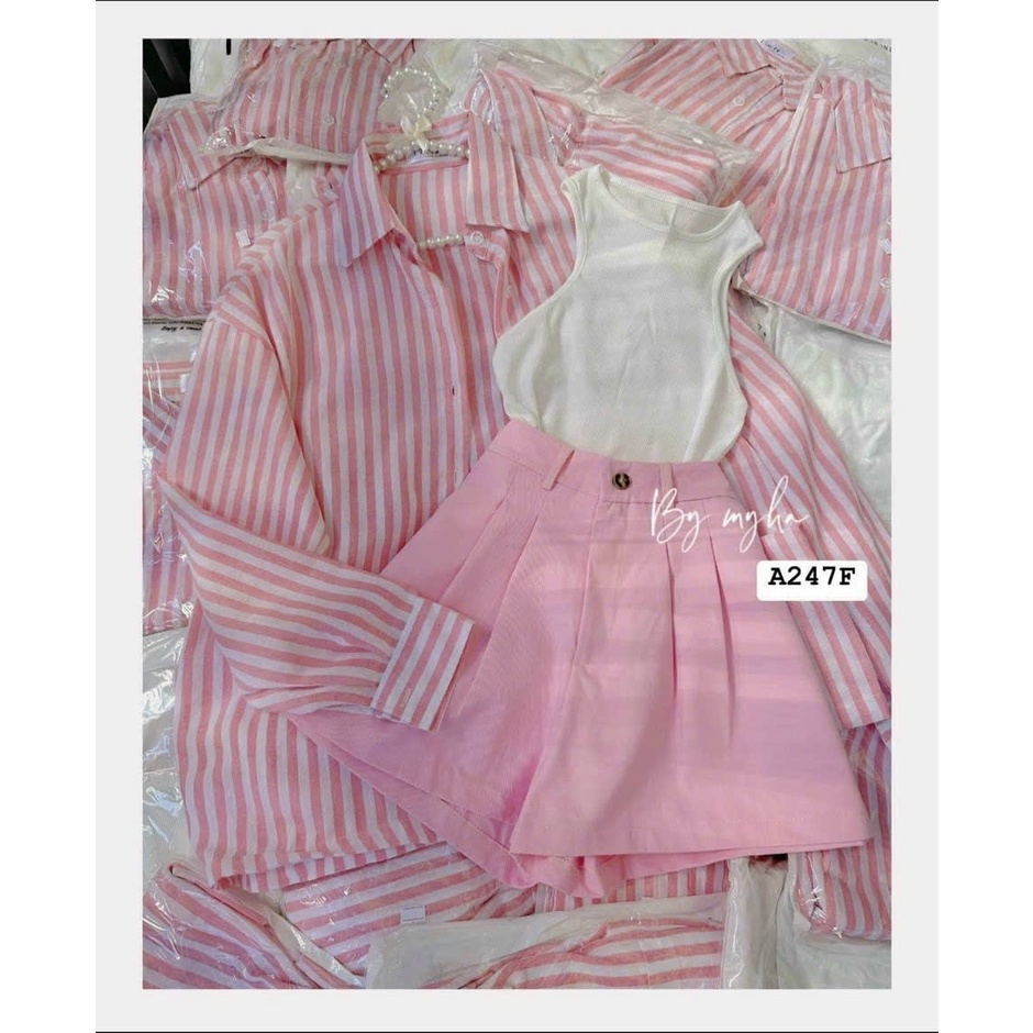 Set bộ 3 món tay dài màu hồng dễ thương có kèm áo lót trong và quần ngắn mix xinh xắn DX