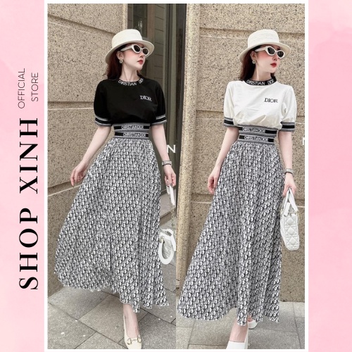 HT6839 - Set Áo Phông Nữ Dior Cổ Cao Phối Chữ Cạp Eo Tay Bo Viền Mix Chân Váy Dài Cạp Cứng DIOR Nổi Phong Cách Hàn