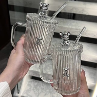  Ly thủy tinh giữ nhiệt hình gấu bearbrick 400ml cốc uống trà cà phê có nắp đậy tặng kèm ống hút xinh xắn 