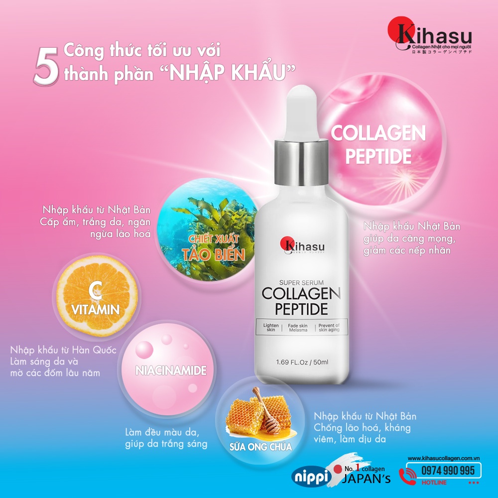 Serum làm mờ nám da, vết sạm, đốm nâu, da trắng sáng với Vitamin C, serum collagen peptide Kihasu Japan cho nam nữ