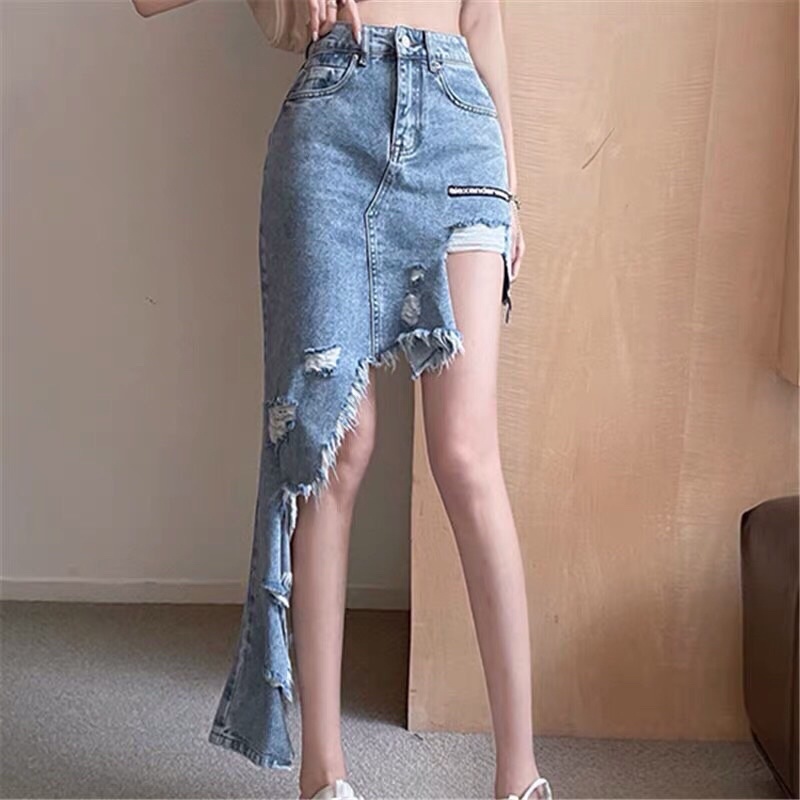 Chân váy bò denim rách tua rua cách điệu màu xanh nhạt Ulzzang cá tính siêu chất ❤️