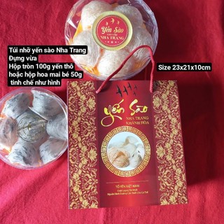 Túi yến logo "yến sào NHA TRANG KHÁNH HÒA" 10 túi đựng hộp tròn 100g thô hoặc hộp hoa mai bé 50g tinh chế.